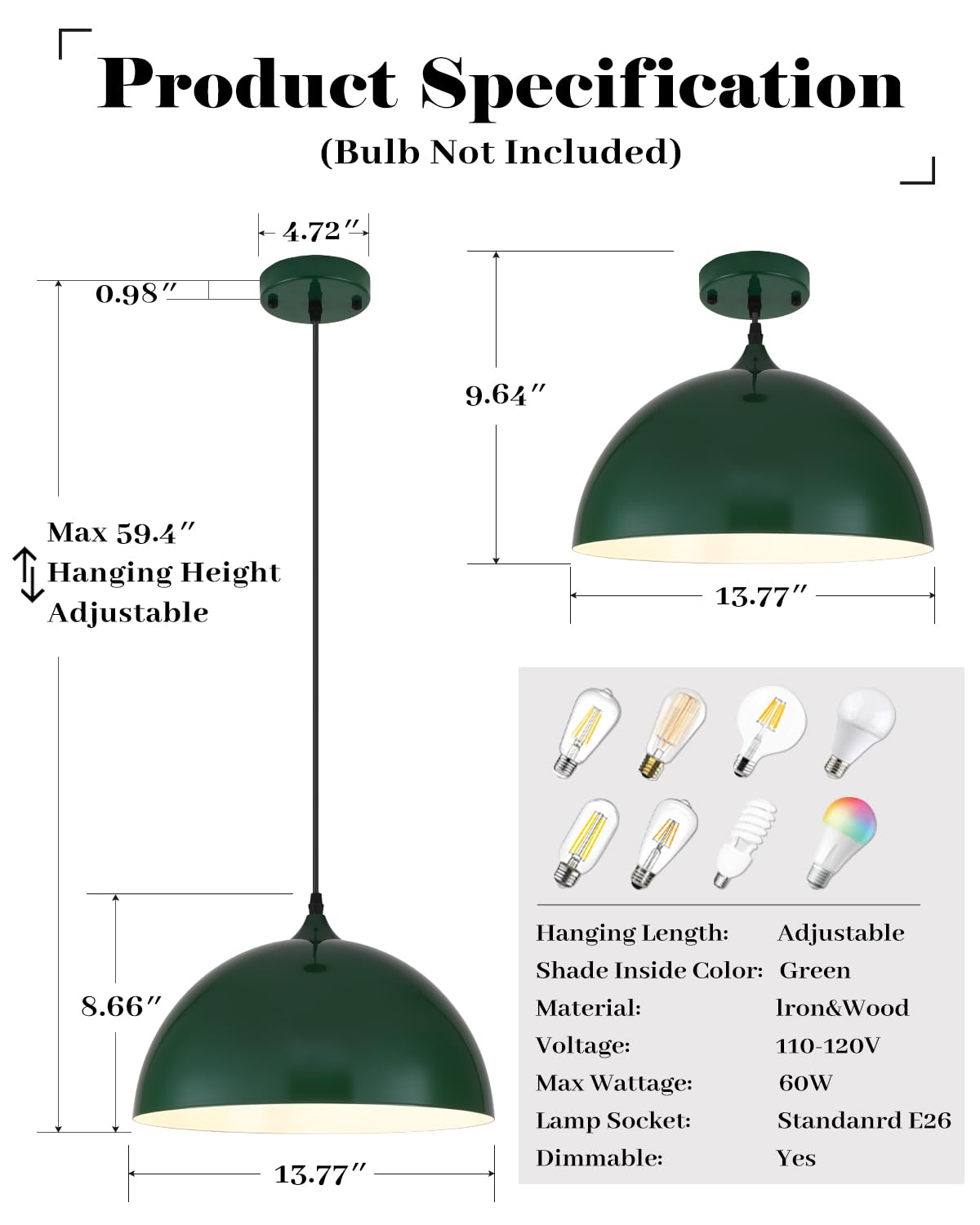 Green Pendant Lights Kitchen Island 2 Pack (Green+White / 14"x2)