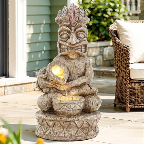 23" H Tiki Statue Outdoor Water Fountain with LED Lights (Tiki Natural Wood Color)