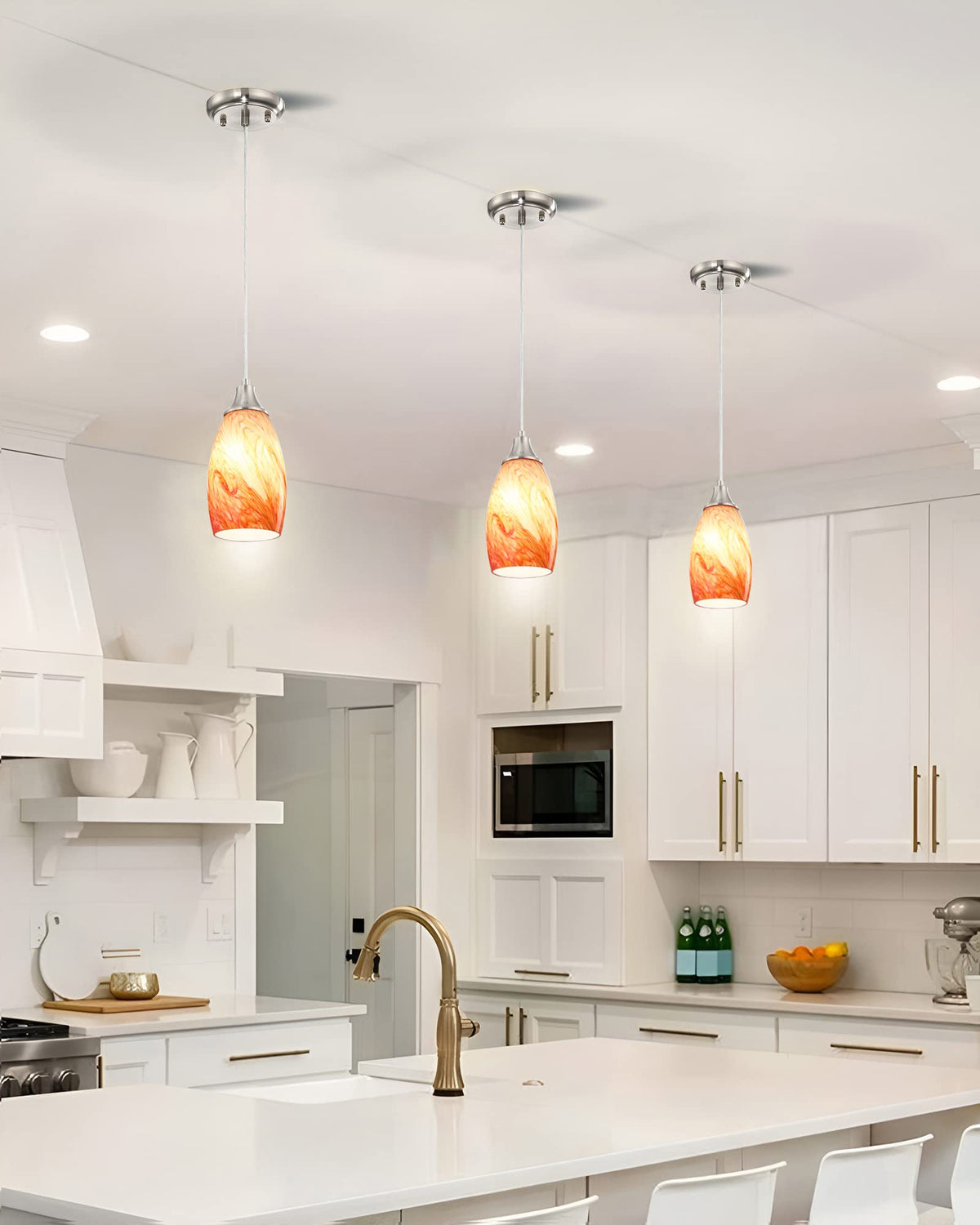 Art Glass Mini Pendant Lights Kitchen Island Marble Glass Pendant Light Shade with Brushed Nickel Finish Ceiling Hanging Lights for Kitchen Over Sink (Red marble -1Pack)