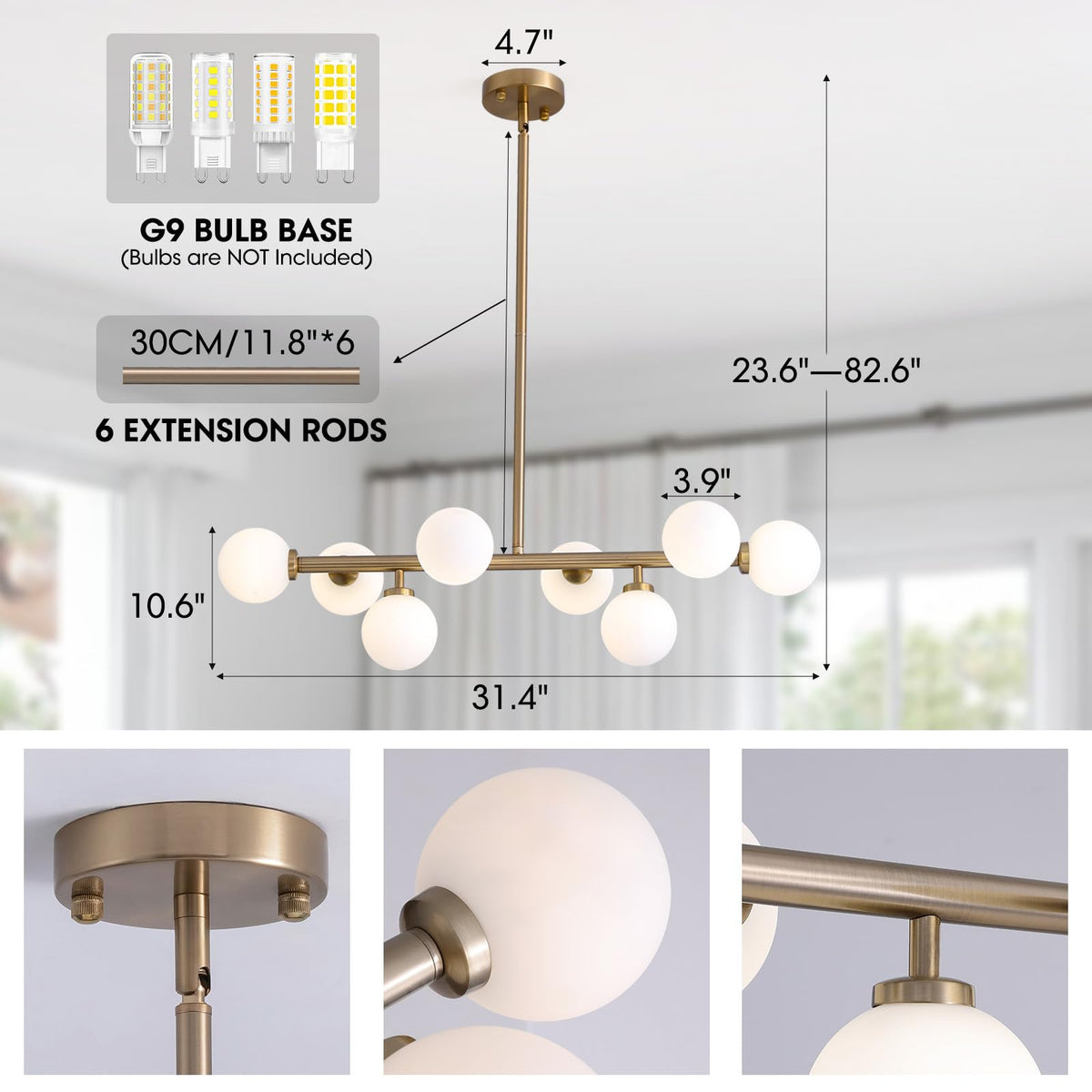 L31.4 Inch Modern Linear Chandelier (Gold / L31.4" x W10.6" (8 Lights))