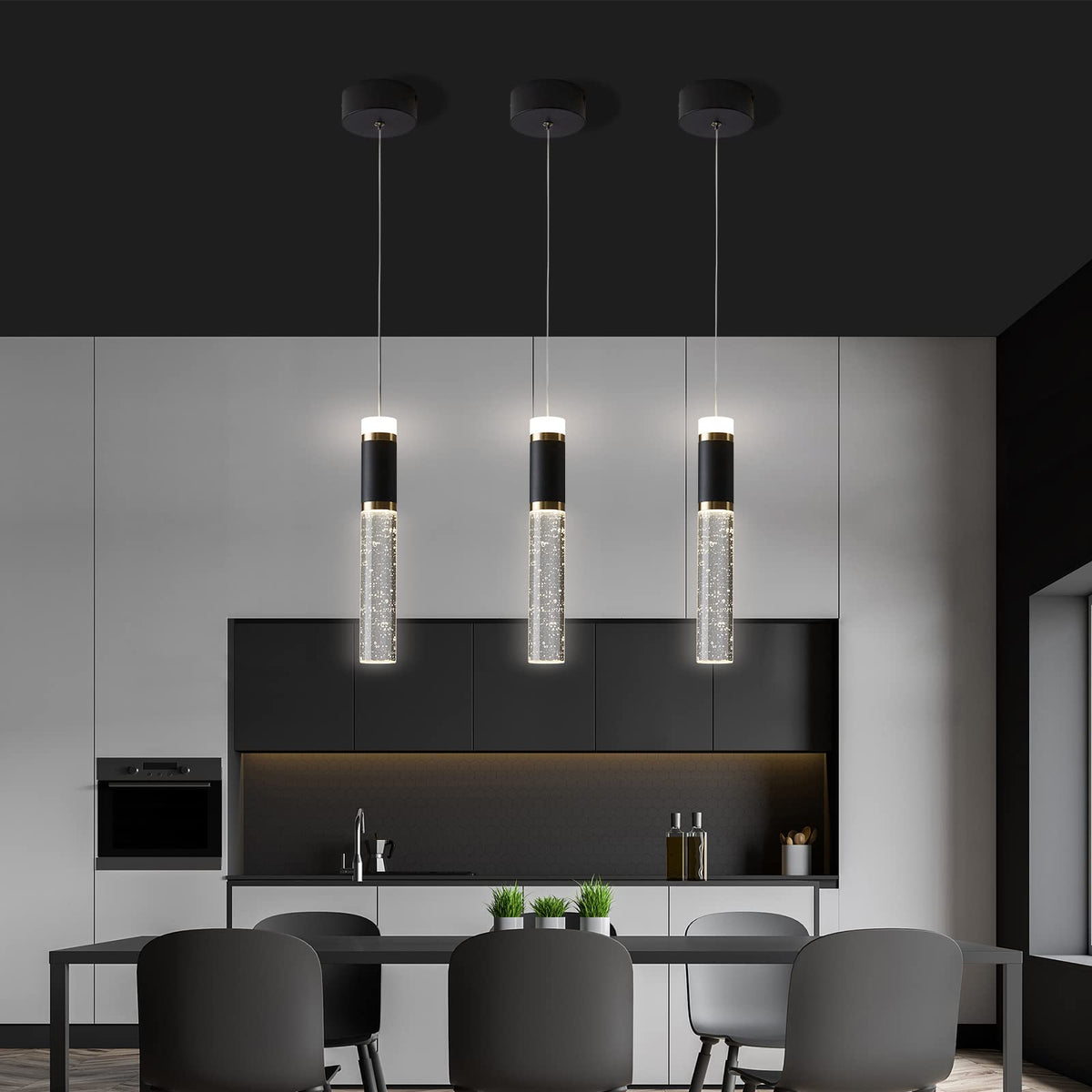 3 Light LED Pendant Light Modern Chandelier Hanging Chandelier Light Fixtures Adjustable Modern Led Pendant Ceiling Light Fixture for Kitchen (Black / 3-Pack)
