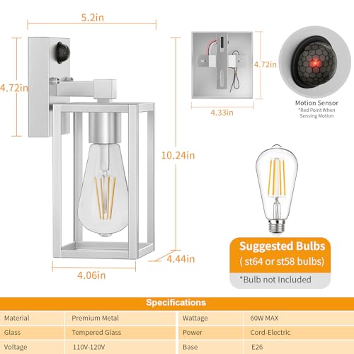 2 Pack Silver Motion Sensor Outdoor Light Fixtures Wall Mount (10.24'' / Silver)