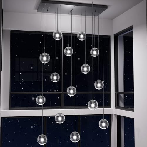 Black Rectangular Chandelier Globe Chandelier for Dining Room Large Chandeliers for High Ceiling 16 (Black-Clear / Rectangle 16-Light)