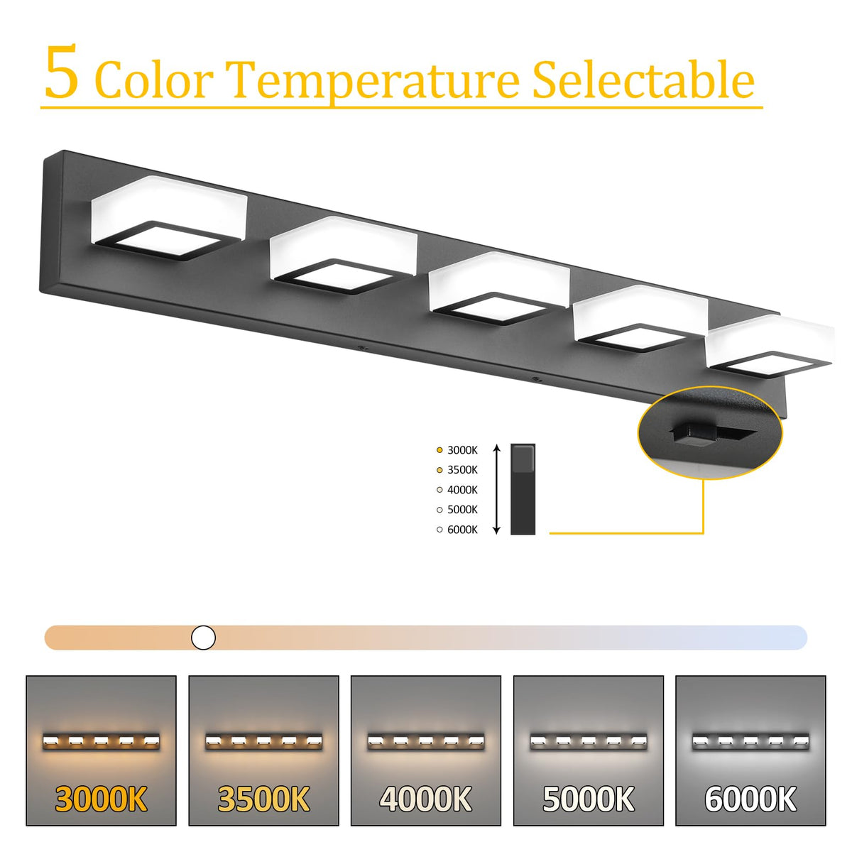 5 Color Temperature Black Vanity Lights Dimmable Acrylic Modern LED Black Bathroom Vanity Lighting Fixtures 34inch (Black-5 CCT / 34 inch)