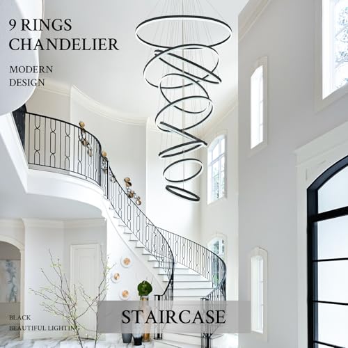 9 Rings D39.4in Modern LED Chandelier Black Dimmable High Ceiling Foyer Chandeliers Entryway with Remote Control for Staircase Entryway Living Room Foyer (Black / 9 Rings 39.4in)