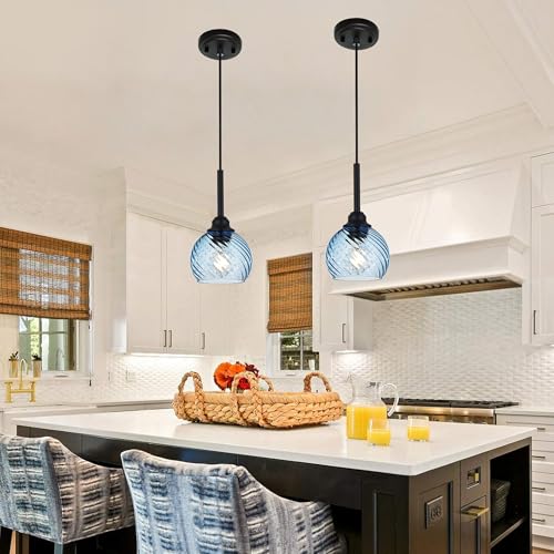 2 Pack Pendant Lights Kitchen Island with Blue Striped Swirl Globe Glass (Blue / 1-Light-2 Packs)