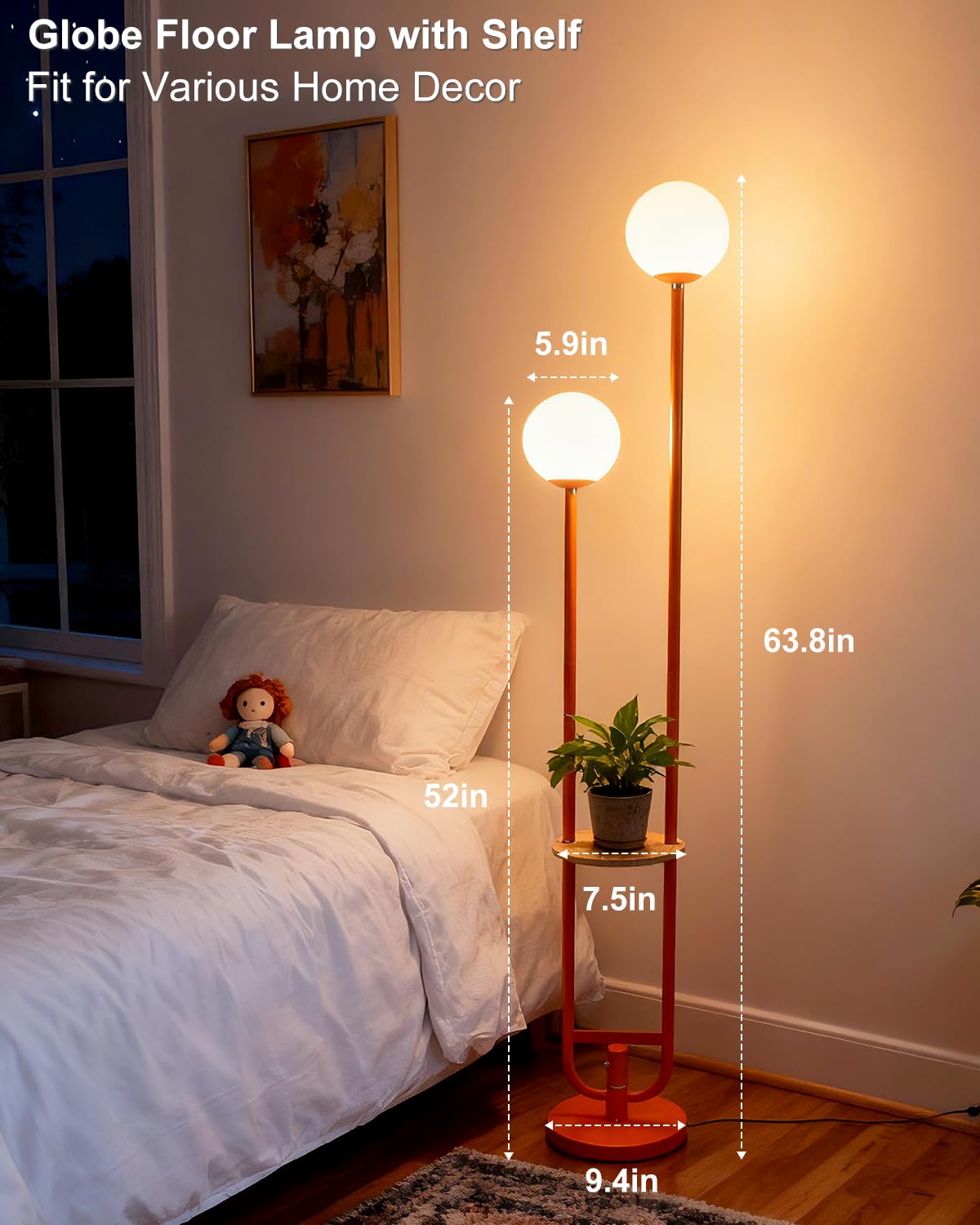 63IN 2 Globe Orange Floor Lamp Dimmable Tall Standing Lamps with Table 3000K Warm White Unique Modern Mid Century Floor Lamp with 5Lbs Heavy Base for Living Room Bedroom Home Office (Orange-2U)
