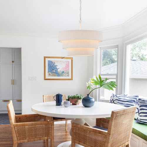 20” Boho Hand Woven Rattan Chandelier 3 Round Adjustable Coastal Pendant Light for Kitchen Island Dining Living Room (White-3 Round)
