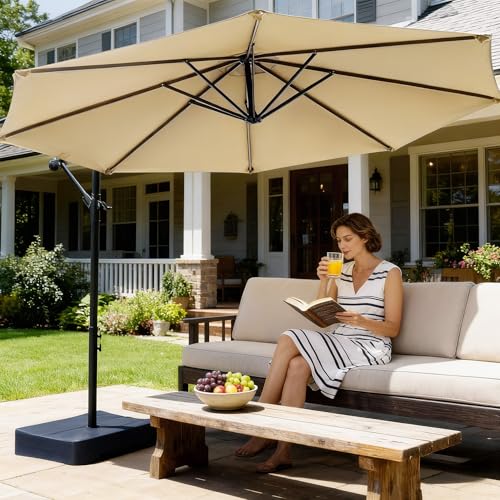 10FT Cantilever Offset Patio Umbrella with Base and Umbrella Cover (Wheat / 10FT w/ BASE)