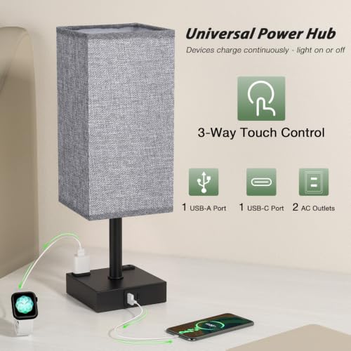 Grey Touch Lamps Set of 2 for Bedroom (Grey Shade-Black Base)
