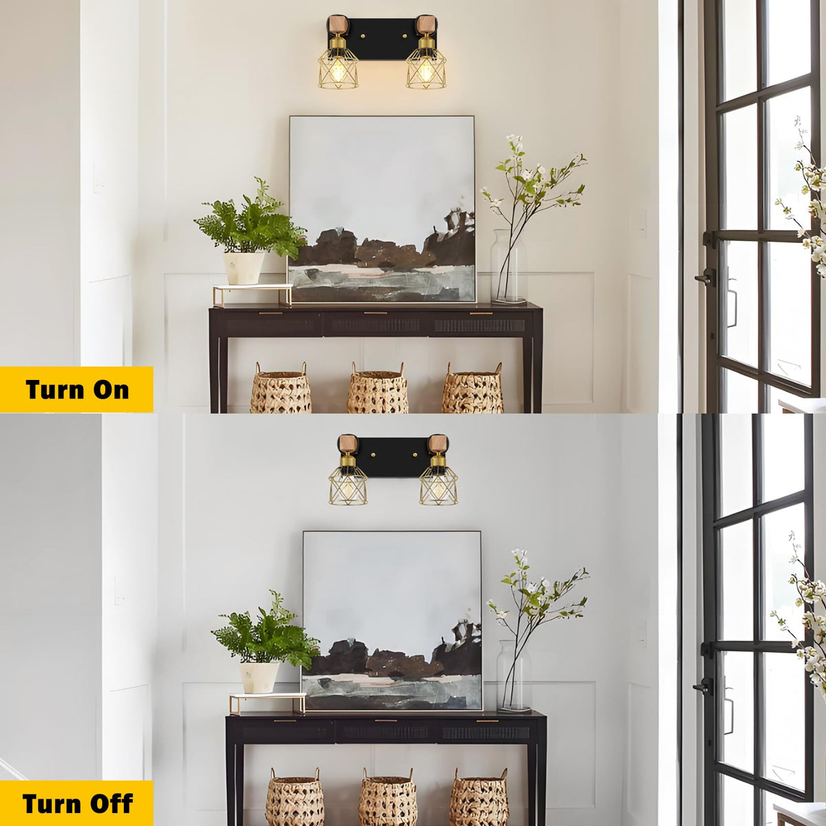 Rustic Style Wood Bathroom Wall Sconces (Black & Gold / 2-Lights)