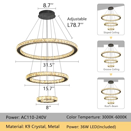 Modern Crystal Chandelier Dimmable LED Ceiling Light Fixture 3 Ring Adjustable Stainless Steel Chandeliers for Dining Room Living Room Bedroom Black (Black / 3-Ring 24")