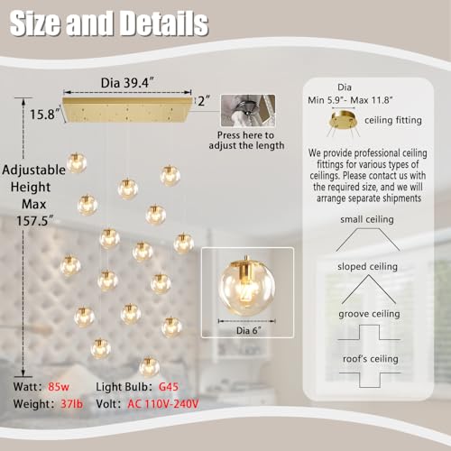 Glass Chandelier LED Modern Gold Pendant Light Globe Ceiling Light 16 (Gold-Clear / Rectangle 16-Light)