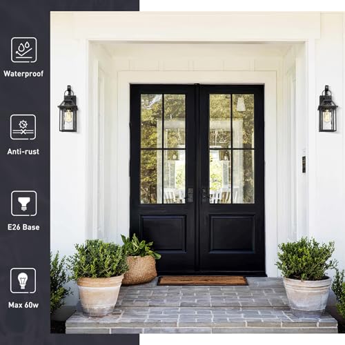 Exterior Wall Porch Light (Black - Water Ripple Glass / 16.3 Inch - No Function)