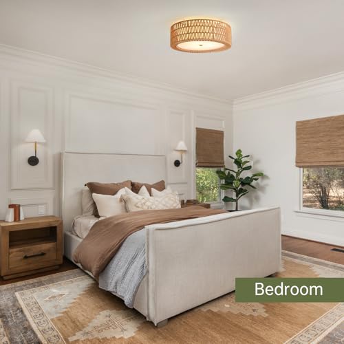17.7" Rattan Ceiling Light Large Flush Mount Ceiling Light Brown (Brown / 17.7")