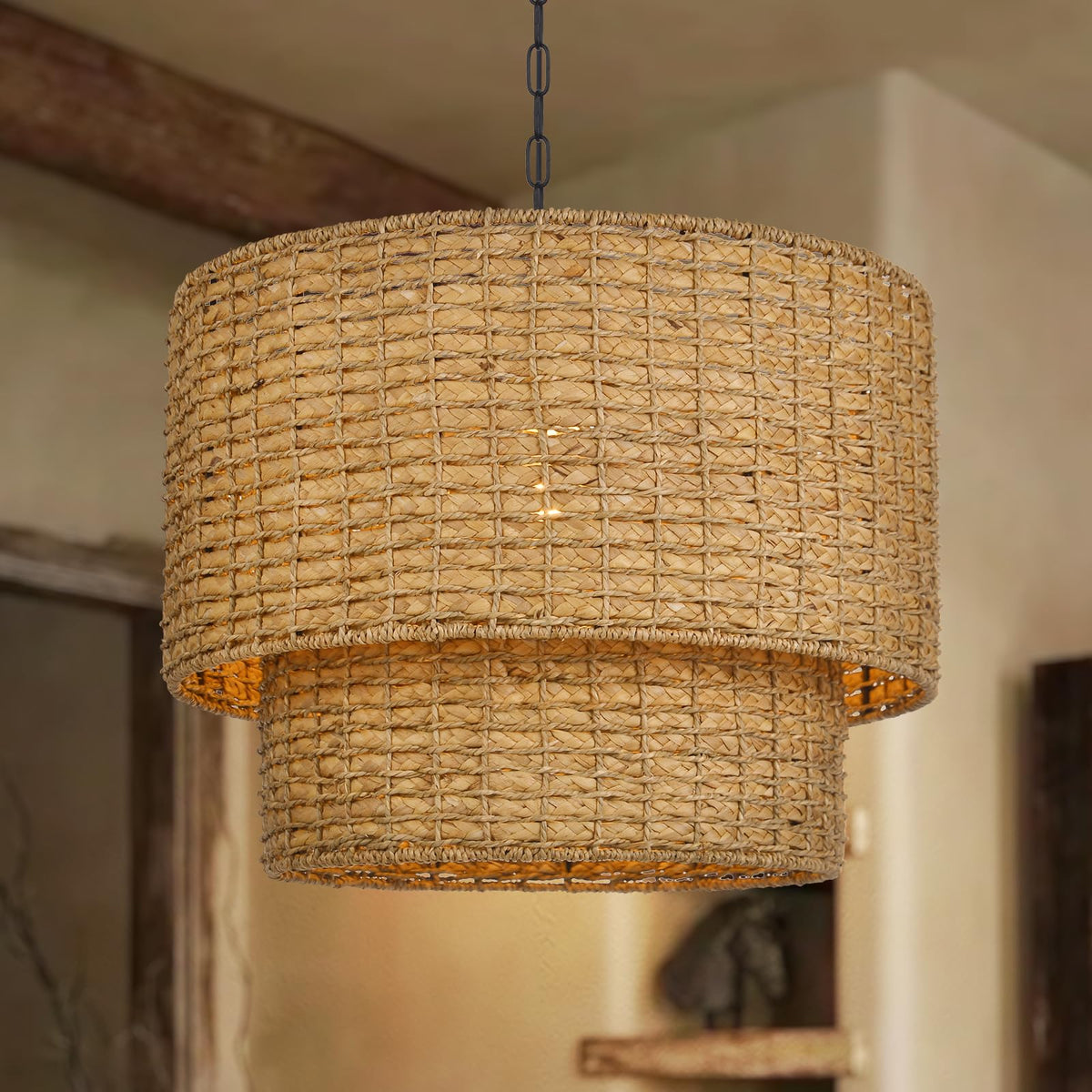 Large Rattan Chandelier Natural Woven Double Drum Pendant Light Vintage Ceiling Hanging Light Fixture for Kitchen Island Bedroom Hallway 23.62" (1-Light / 23.6″H)