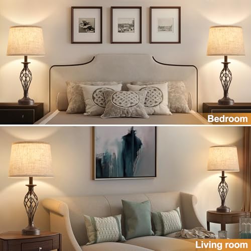 Table Lamp for Bedroom Set of 2 with USB C+A Ports (Brown Base + Beige Lampshade)
