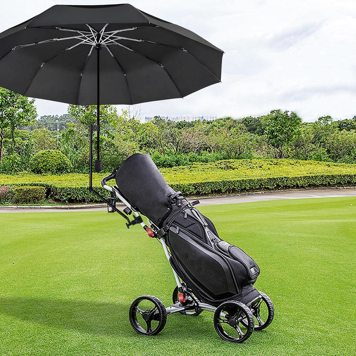 UPF 50+ Golf Umbrella with Adjustable Universal Clamp (Black / 53.2")