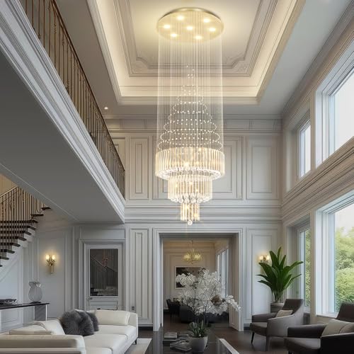 D24''XH86'' Modern Foyer Chandelier for High Ceiling Modern LED Crystal Raindrop Chandelier for Tall Living Room (Gold / D24"X H86")