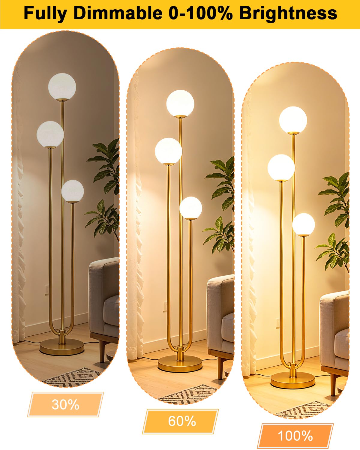 3 Light Dimmable Globe Floor Lamp (Gold-3U)