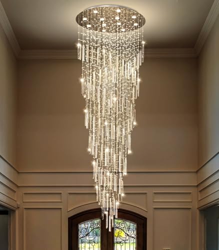D32'' x H100'' Modern Crystal Chandelier High Ceiling Chandeliers for Entryway Glam Chandelier Large Raindrop Chandeliers LED Dimmable Light Fixtures for Staircaes Foyer Hallway Living Room Silver (D32'' x H100'' Silver)