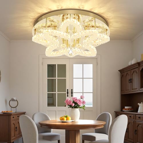 Dia 24" Modern Crystal Chandeliers Gold Chandelier LED Flush Mount Ceiling Light for Living Room Dining Room Bedroom Foyer Entryway LED Dimmable 2700 (Gold / Dia 24")