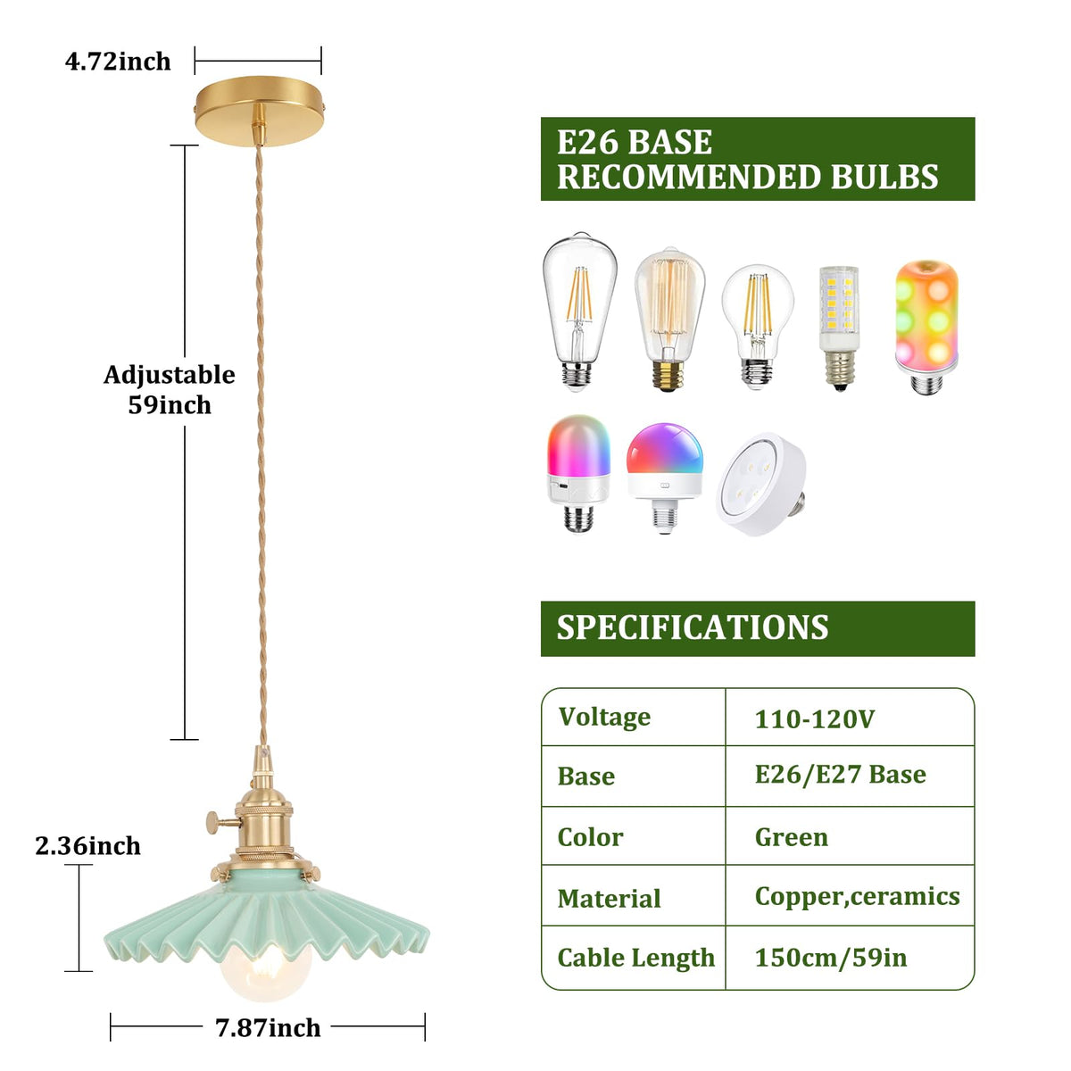 Pendant Light with Green Pleated Ceramic Lmapshade (Pleated Green)
