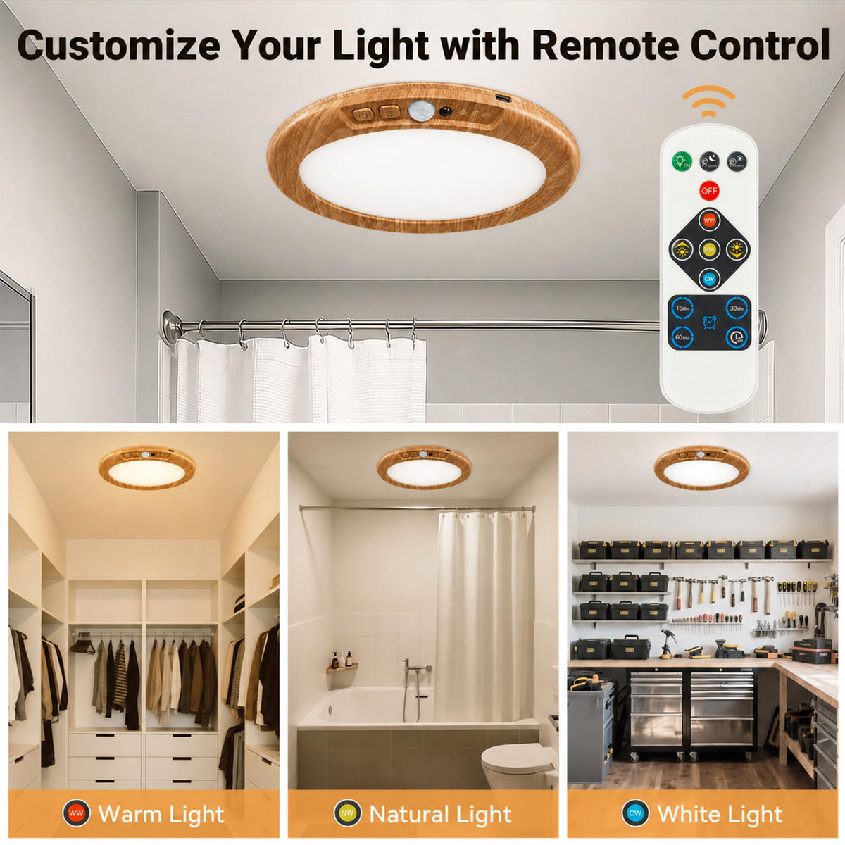 Wireless Rechargeable Ceiling Light with Remote (Light Wood / 4 Packs)