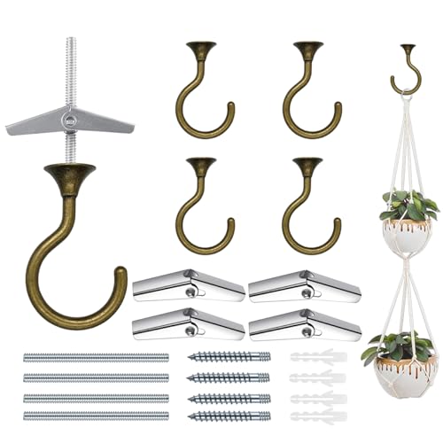Screw in Ceiling Hooks for Hanging Plants 4 Pack (Antique Brass)