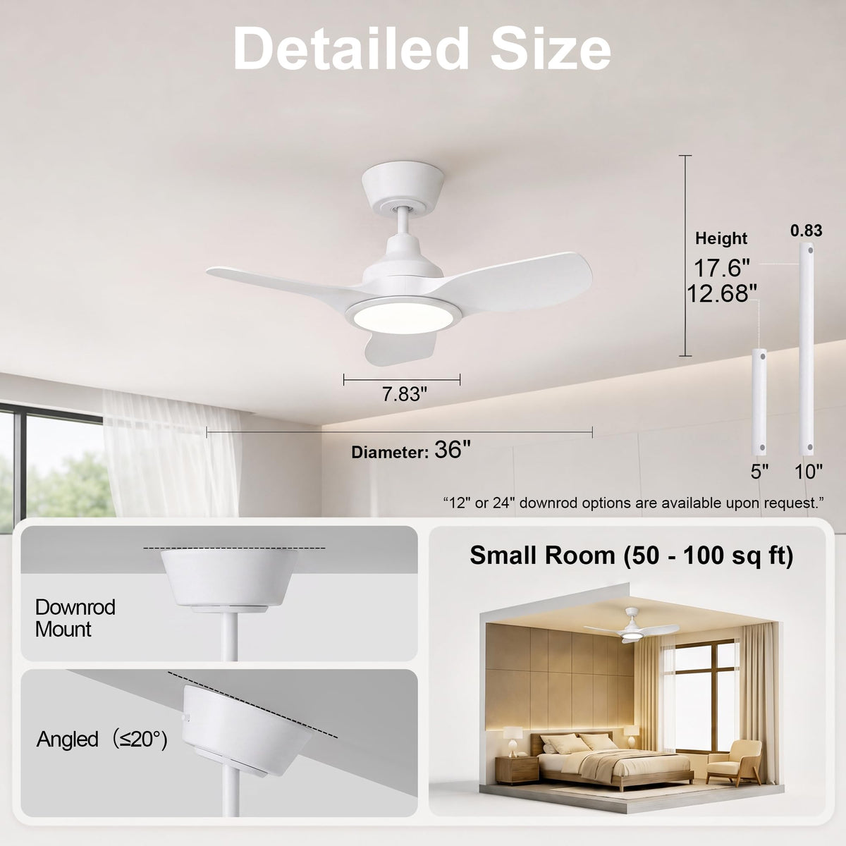 36" Small Ceiling Fan with Light (White / 36 Inch)