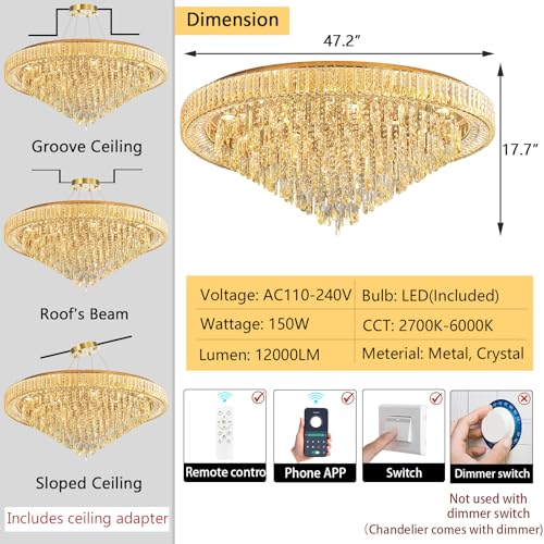 Modern Crystal Chandeliers LED Dimmable Flush Mount Ceiling Chandeliers for Living Room High Ceiling Entrance Foyer Lobby Bedroom Gold (Gold / 47.2" Width)