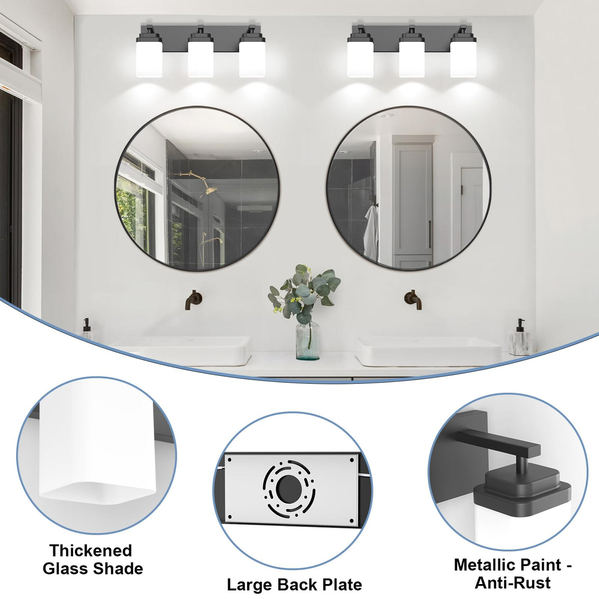 Matte Black Bathroom Light Fixtures (Black, Milky Shade / 3-Light, 22-inch)