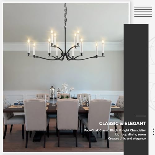Black Living Room Chandelier 12 Light High Ceiling Foyer Candle Chandelier Large Dining Room Light Fixture Over Table 44in Metal Modern Chandeliers Hanging Light for Entry Master Bedroom (Black / 44 inch)