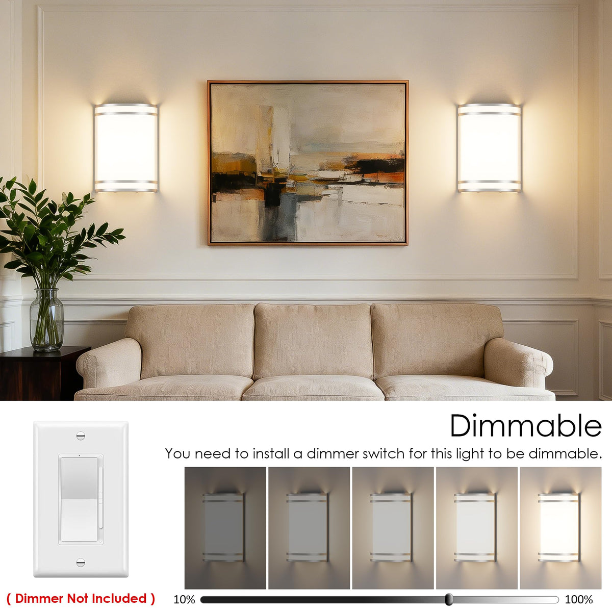 Modern Wall Sconces 15W LED Indoor Hardwired Dimmable 3000K 4000K 5000K Wall Lights for Living Room Hallway Bedroom (Brushed Nickel / 1 Pack)