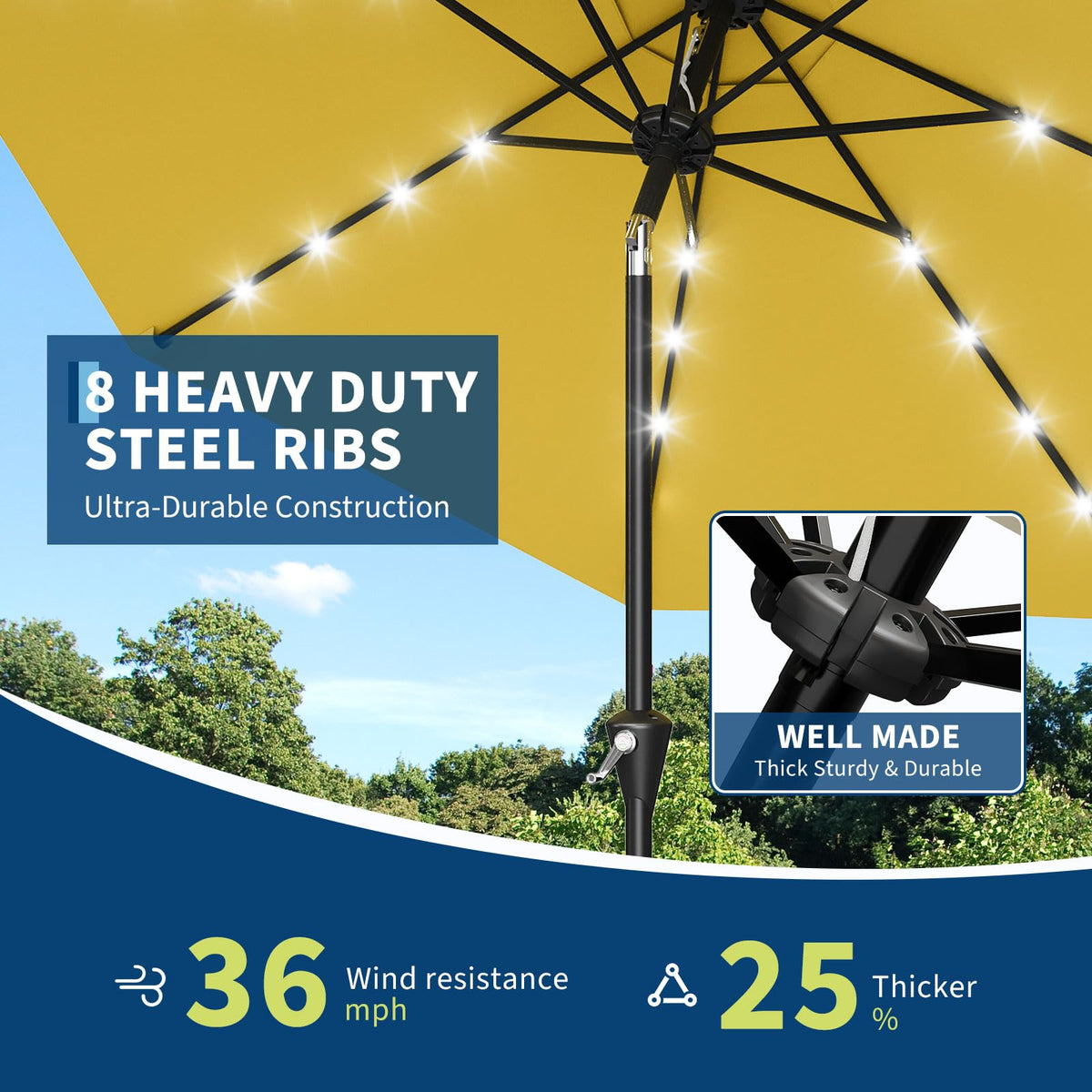 10FT Solar Patio Umbrella with 32 LED Lights (Yellow / 10ft With Lights)