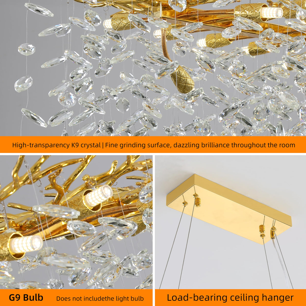 Modern Crystal Tree Branches Chandelier (Gold / Rectangular 40")