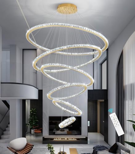 Modern Crystal Chandelier 6 Rings High Ceiling Chandeliers Dimmable LED Lighting Fixtures with Remote for Living Room Dining Room Foyer Gold (Gold / 6-Ring 47")