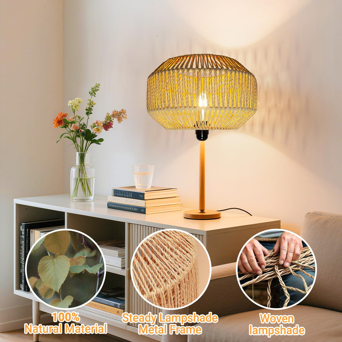 Hanging Light Rattan Lamp Shades Boho Lamp Shades (11.8 Inch-Pumpkin Shade)