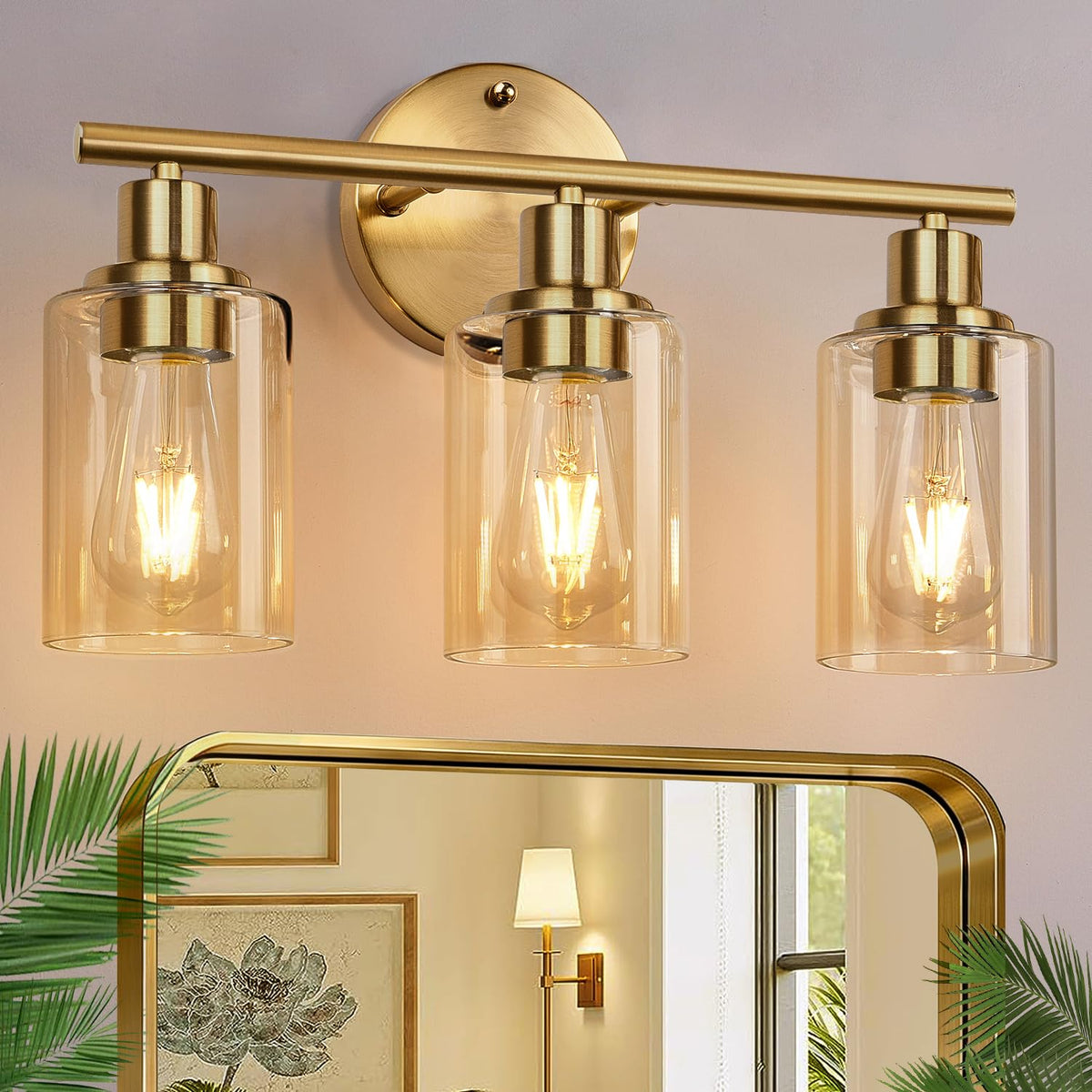 3 Light Bathroom Light Fixtures (Brushed Gold & Amber Glass / 3-light)