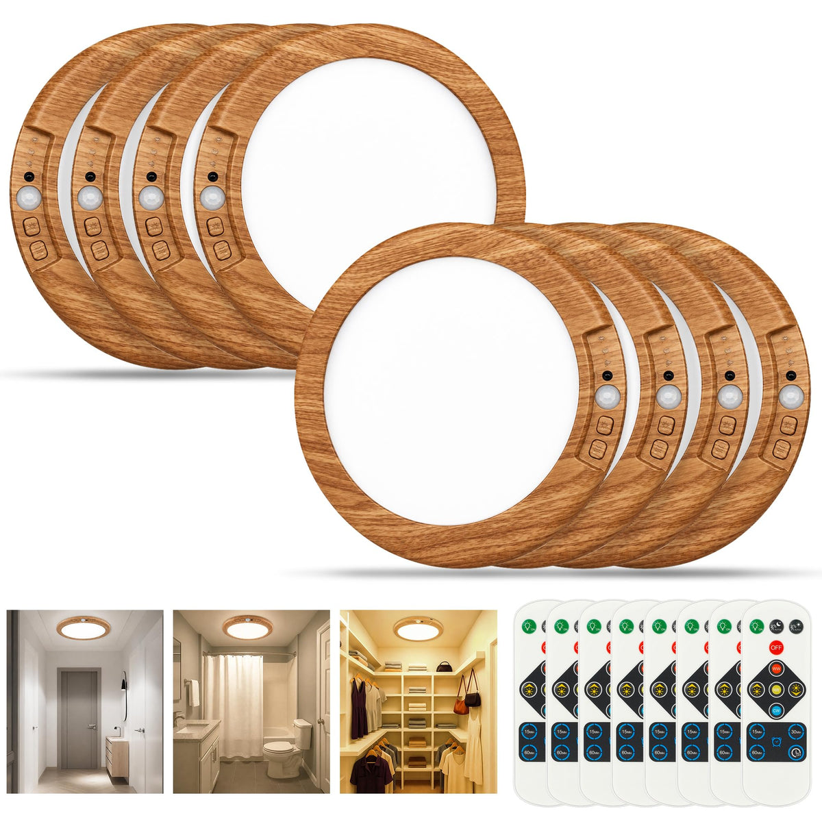 Wireless Rechargeable Ceiling Light with Remote (Light Wood / 8 Packs)