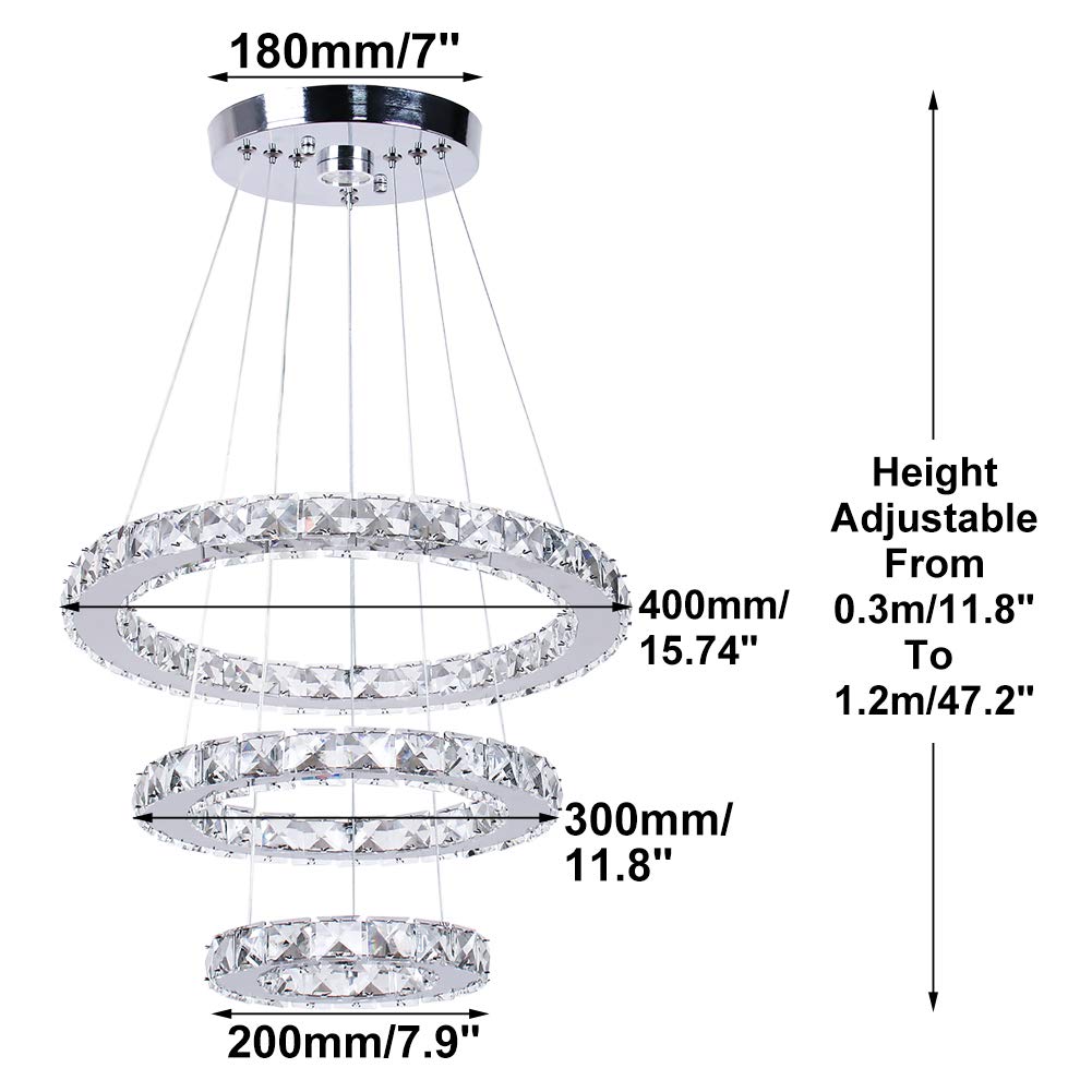 3 Ring LED Crystal Chandelier for Dining Room (3r Cool White Silver)