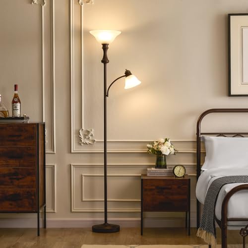 Torchiere Brown Floor Lamp with Adjustable Angle Reading Lamp (Red Brown)