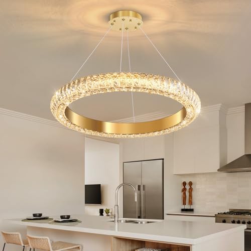 24" Ring Modern LED Dimmable Crystal Chandelier Adjustable Height Pendant Light Round Crystal Chandelier Light Fixtures for Dining Room Living Room Kitchen Island Gold (Gold / 1 Ring Round 24")