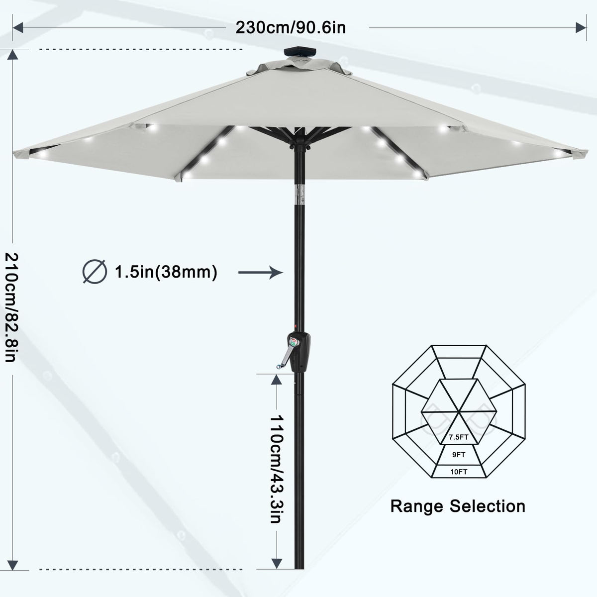 7.5ft Patio Umbrella with Solar Lights (Light Gray / 7.5FT)