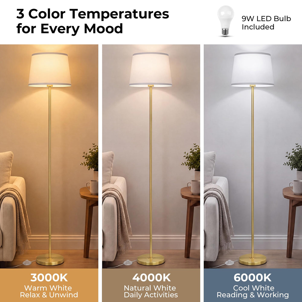 Gold Floor Lamp for Living Room (Gold+White Shade)