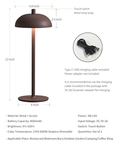 12" Cordless Table Lamps Set of 2 (H12" Brown (2 Pack))