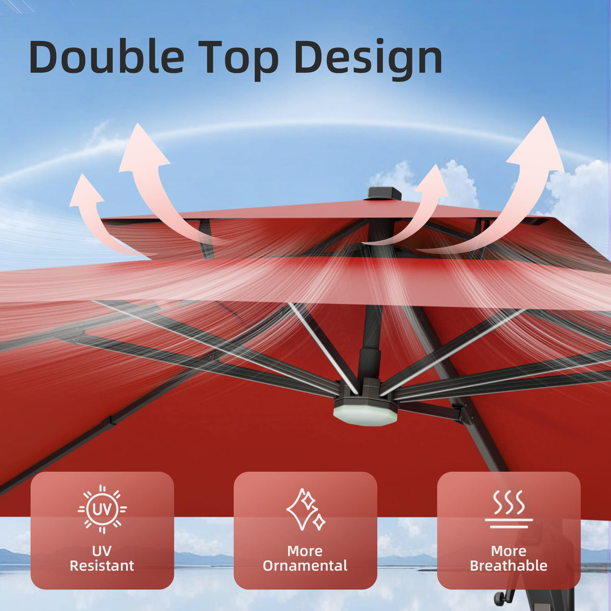 10x13 FT Patio Cantilever Outdoor Umbrella with Base and LED Light (Red)