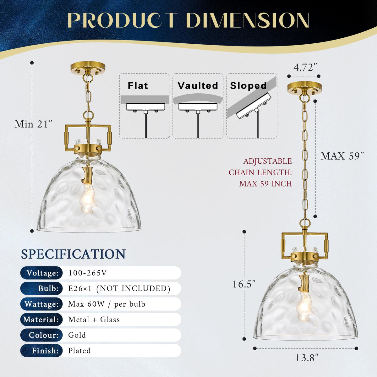 13.8" Gold Glass Pendant Light (Golden)