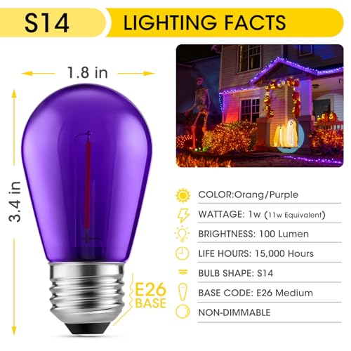 24 Pack S14 Purple and Orange Light Bulbs for Halloween Decoration (Purple Orange / 24 Count (Pack of 1))