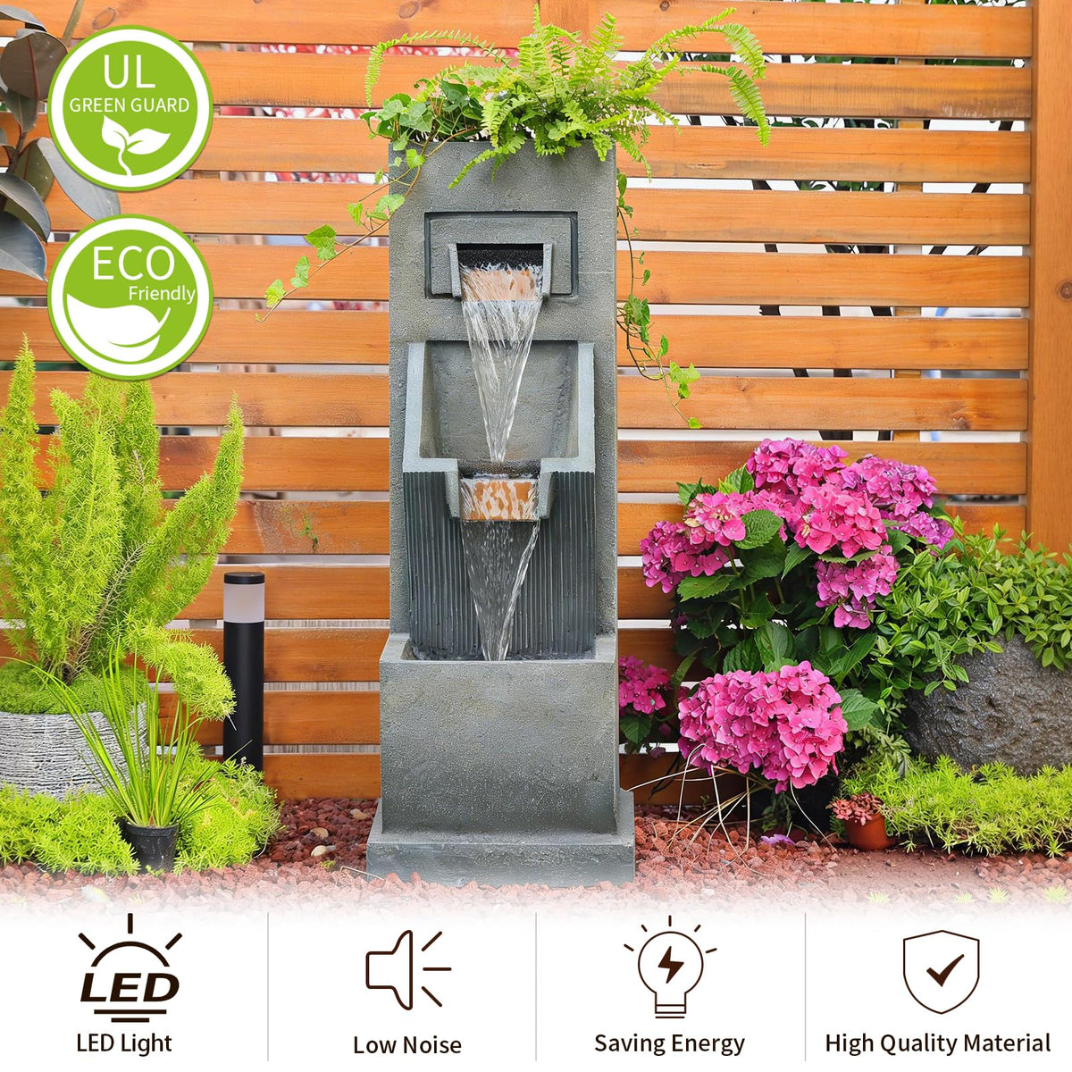 35H Modern Outdoor Water Fountain with 3 (35.4" Tall / Grey-35.4")